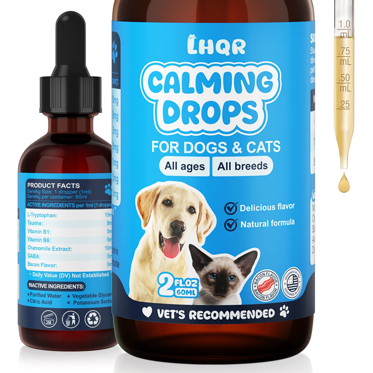 LHQR Cat Melatonin Natural Calming Liquid - 60ML Calming Drops for Dog for Anxiety & Stress Relief - Separation, Thunder, Fireworks Support - Calming Pet Supplement for Small Large All Breeds