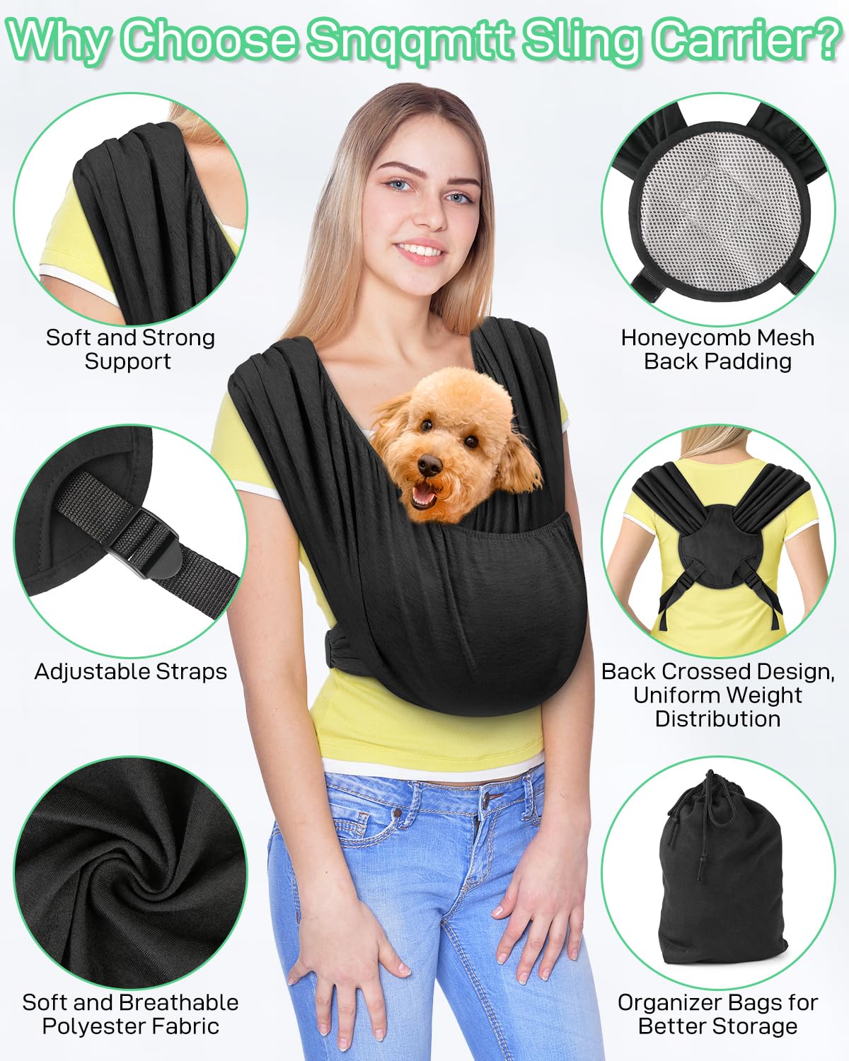 Snqqmtt Dog Sling Swaddle Carrier Small Dog Cat Front Facing Carrier for Chest, Hands Free Puppy Carrying Sling Hold for Small Pet up to 13lbs, Adjustable Size, Reducing Back Stress (Black)