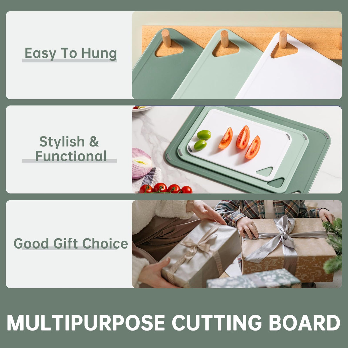Plastic Cutting Board Set of 3-Cutting Boards for Kitchen BPA Free, Large-Small Chopping Boards Non-Slip for Cooking Camping Dishwasher Safe, Reversible, with Grip Handle, 15"×10"×0.25" Green