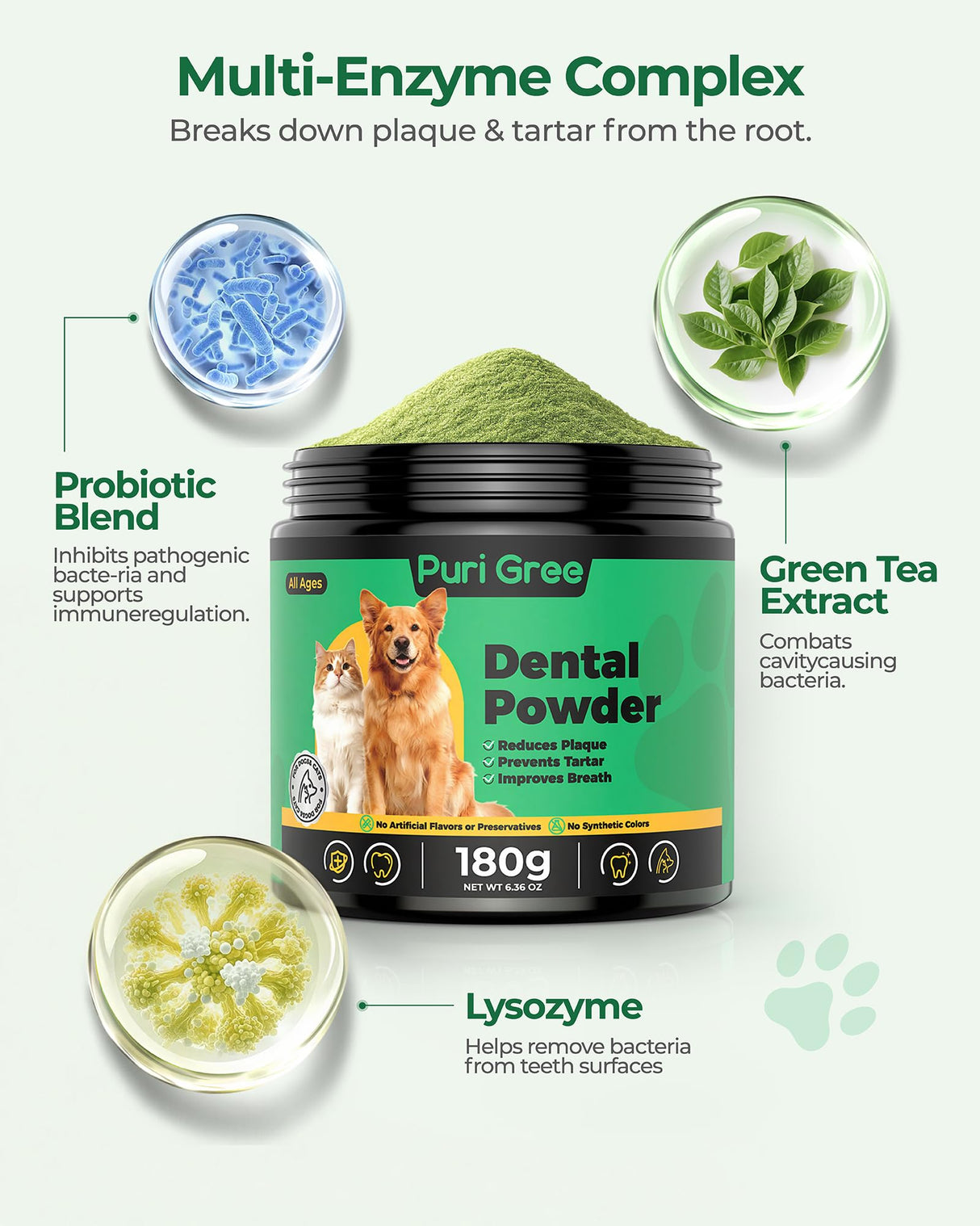 PuriGree Dog Dental Powder, Dog Teeth Natural Cleaning Powder, Dogs Breath Freshener, Enzymes & Probiotic with Plaque and Tartar Off, Pets Tooth Cleaning 180g/6.36 oz