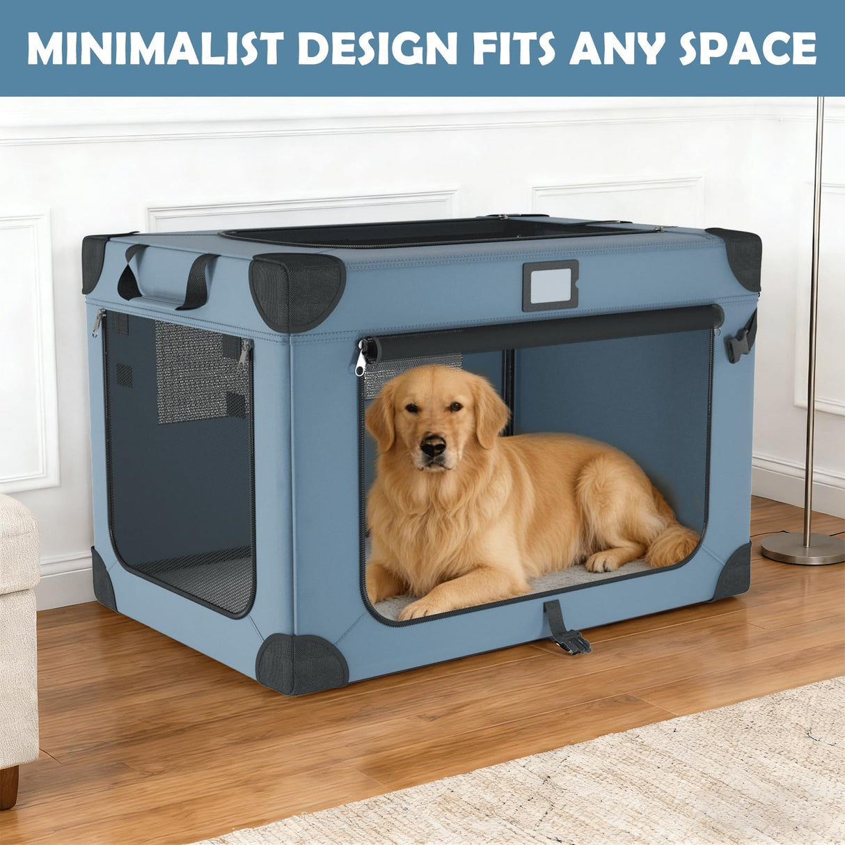 QUIBBLICK 36 Inch Soft Collapsible Dog Crate, Portable Travel Dog Crate for Indoor and Outdoor Use, Oxford Fabric Pet Carrier with Chew-Proof Mesh Window, Warm Blanket and Foldable Bowl, Blue