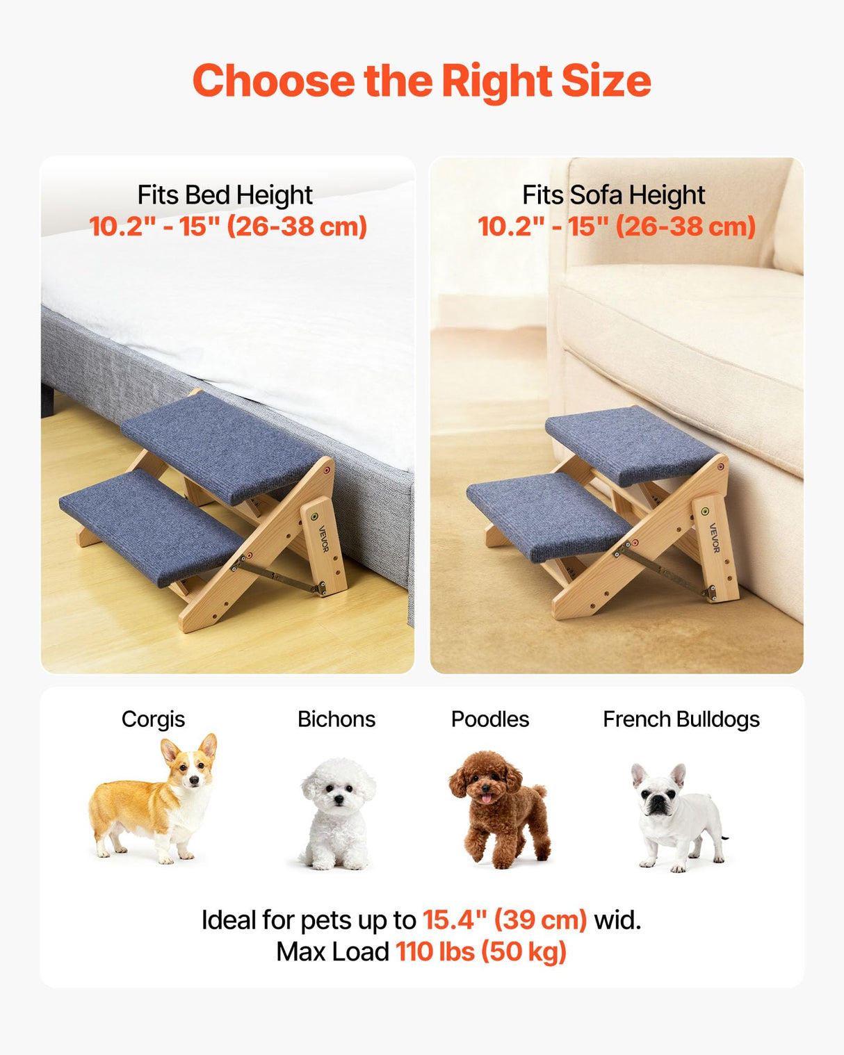 VEVOR Wood Pet Stairs, 2-Step Dog Stairs for Beds, Sofa & Cars, 110lbs Load Capacity, Floded Flat Design, Stable & Sturdy Cat & Dog Step Ladder for Small Medium Large Older Pet Puppy Essentials