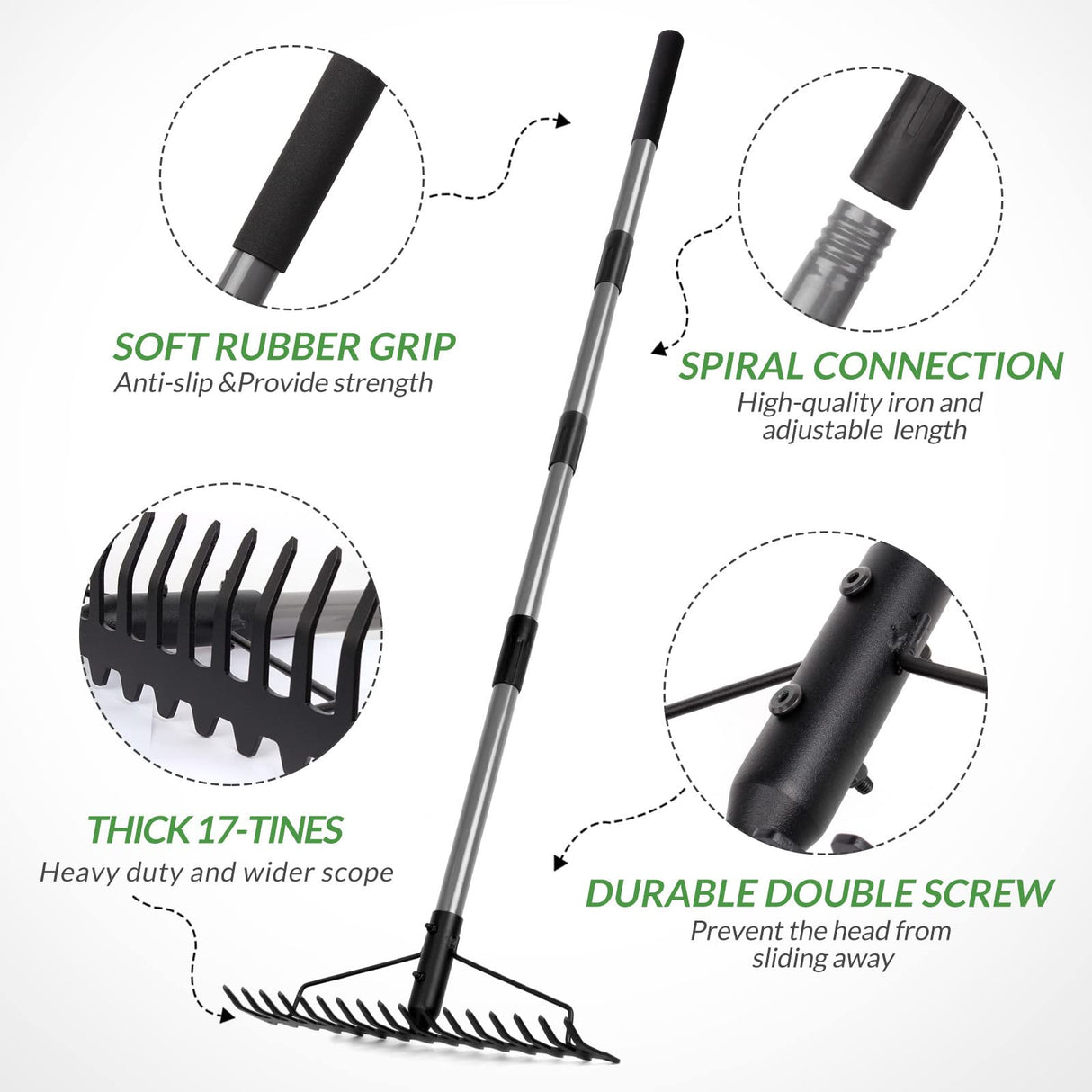 Walensee 5.4FT Bow Rake Heavy Duty Garden Rake with Stainless Steel Handle, 17 Steel Tines Garden Tool for Loosening Soil Gathering Leaf Leveling Lawn Farming Land Management Yarn Thatch Rakes
