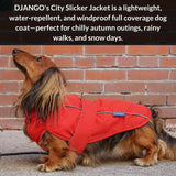 DJANGO Dog Jacket & Raincoat – Lightweight Water-Resistant Coat for Small, Medium & Long Dogs Like Dachshunds – Reflective, Adjustable Fit, Harness-Compatible & Easy-Access Harness Hole - Red, Medium