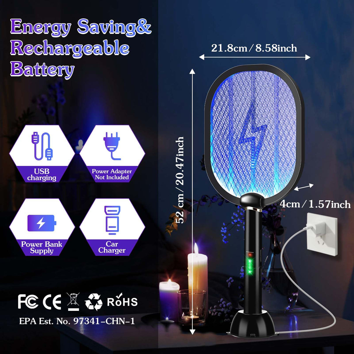 Qualirey 2 Pack Electric Fly Swatter 3000v Bug Zapper Racket 2 in 1 Mosquito Killer with 3 Layers Safety Mesh 20.5 Inch Extra Large USB Rechargeable with 1200mah Battery for Indoor Outdoor(Black)