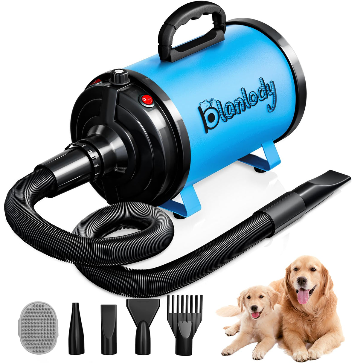 Blanlody Dog Dryer Pet Hair Blower High Velocity for Grooming, Blow 3800W/5.2HP for Large Dogs Sechoir Pour Chien with Stepless Adjustable Speed, 4 Different Nozzles and Dog Brush,Blue