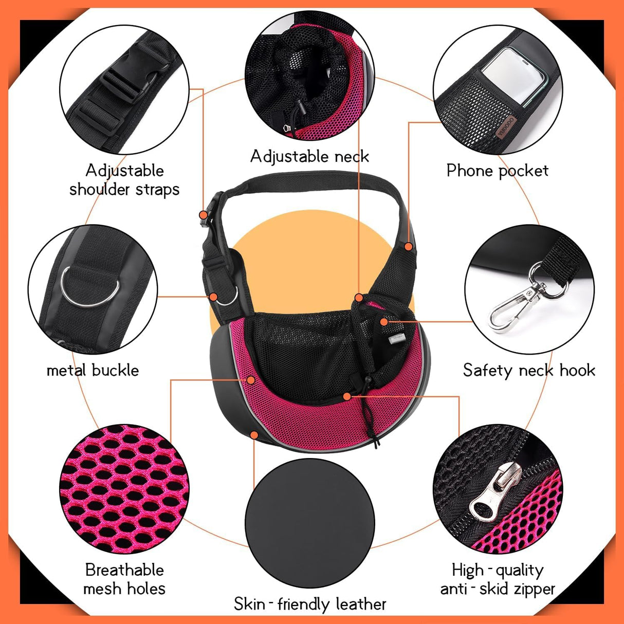 YUDODO Pet Sling Carrier for 5-9 lbs Small Dogs & Cats – Hands-Free Puppy Carrier with Safety Hook, Large Zipper Pocket, Soft Breathable Mesh, Adjustable Strap & Reflective Strip (Pink 3.0 M)