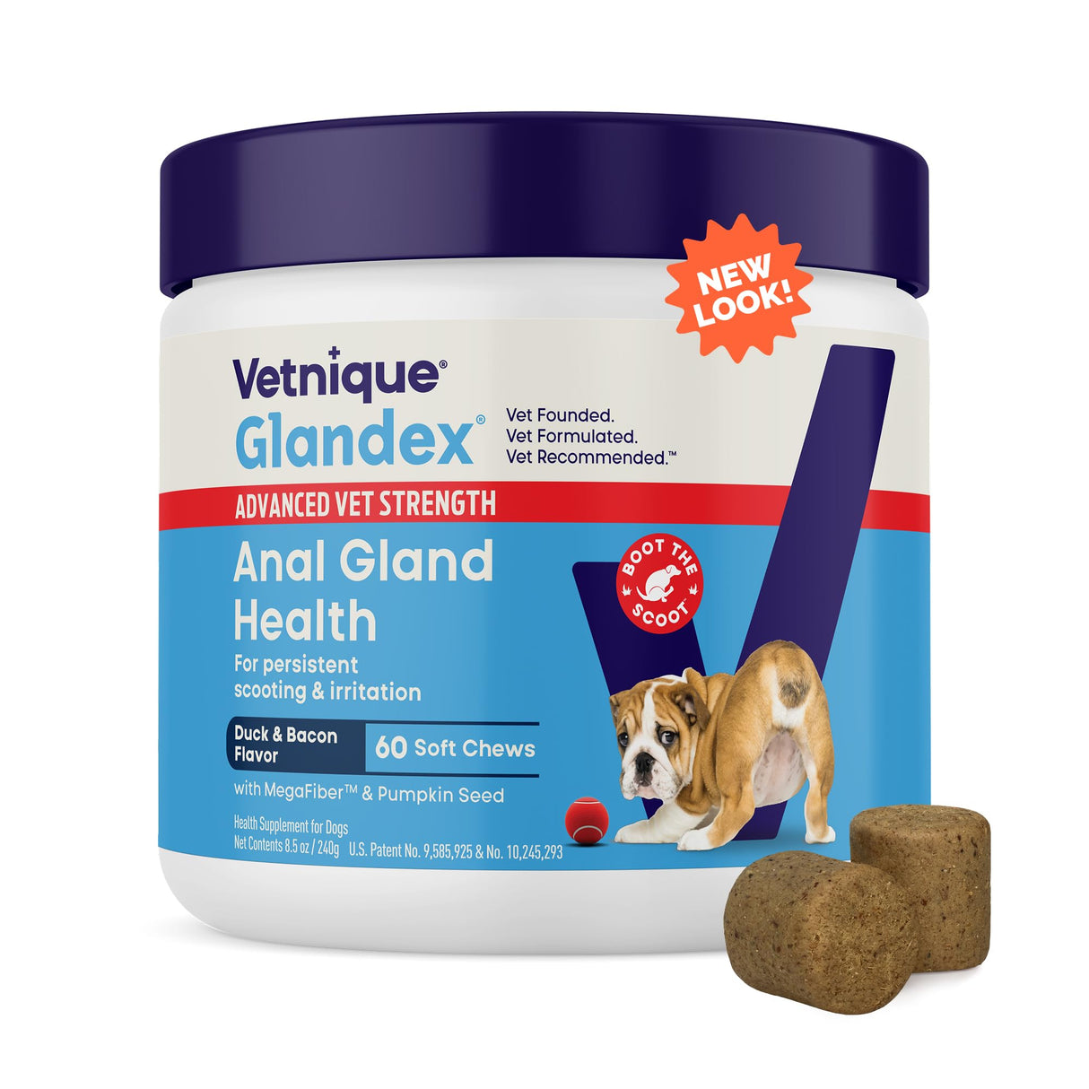 Vetnique Glandex Anal Gland Soft Chew Treats with Pumpkin for Dogs Digestive Enzymes, Probiotics Fiber Supplement for Dogs Boot The Scoot (Advanced Strength Duck/Bacon Chews (Vegetarian), 60 Ct)