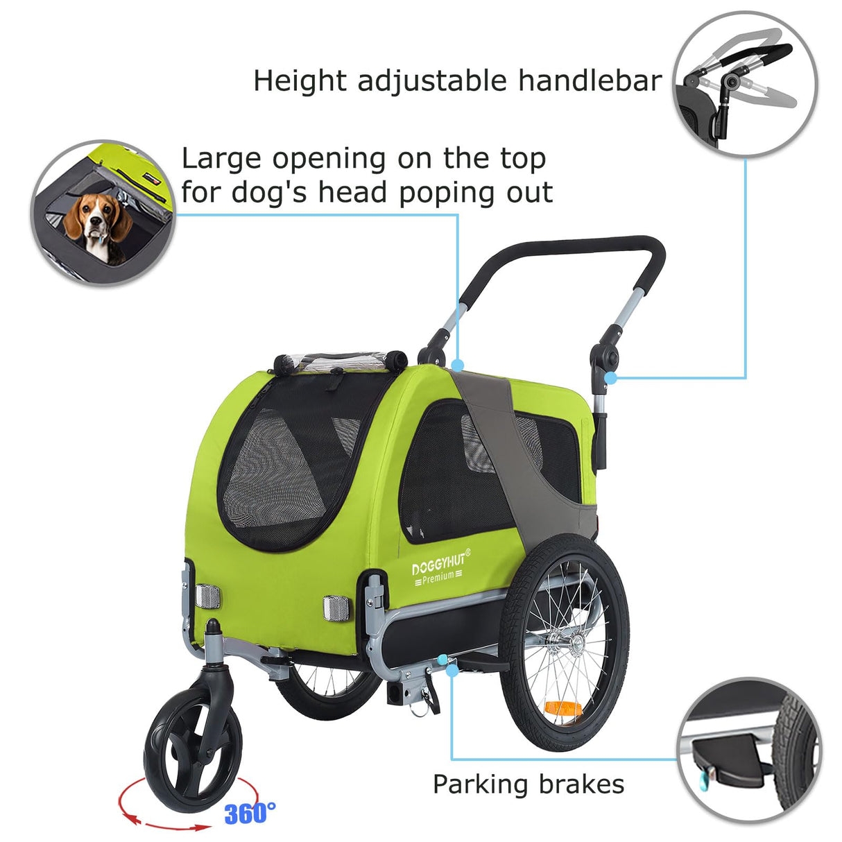 DOGGYHUT® Premium M Pet Bike Trailer & Stroller 2-in-1,for Dogs up to 50 lbs,Parking Brakes,Easy Folding Cart Frame, Universal Bicycle Coupler,E-Bike Friendly (Lime Green)