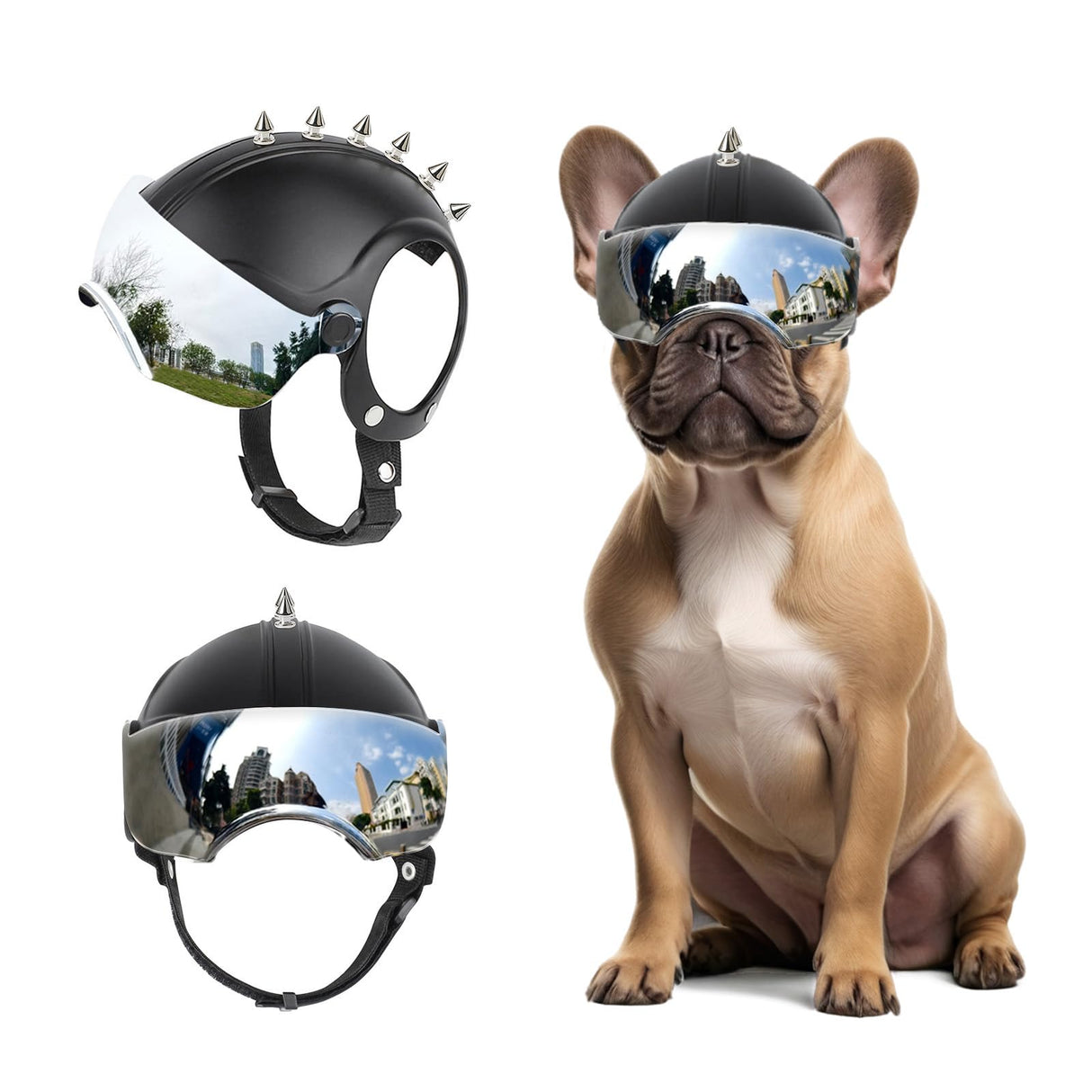 PETLESO Small Dog Helmet, Pet Motorcycle Helmet with Ear Holes, Adjustable Pet Safety Hat with Flip-Up Silver Visor, Small-Medium Puppy Heads Protection, Spiked