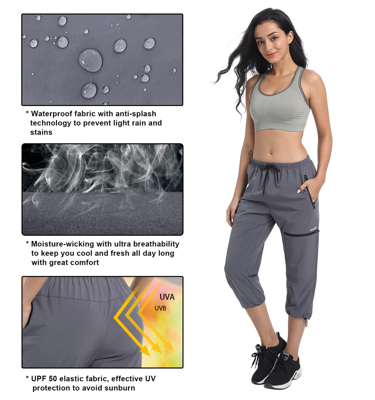 VAYAGER Sports Women's Outdoor Hiking Capri Pants Loose-Fit Lightweight with Zipper Pockets Grey
