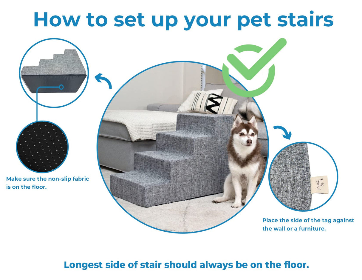 Best Pet Supplies Dog Stairs & Steps - Foam Steps for Small Dogs & Cats, Non-Slip Indoor Balanced Pet Step Support, Dog Ramp, No Assembly, Ash Gray Linen, 4-Step (18-inch Height)