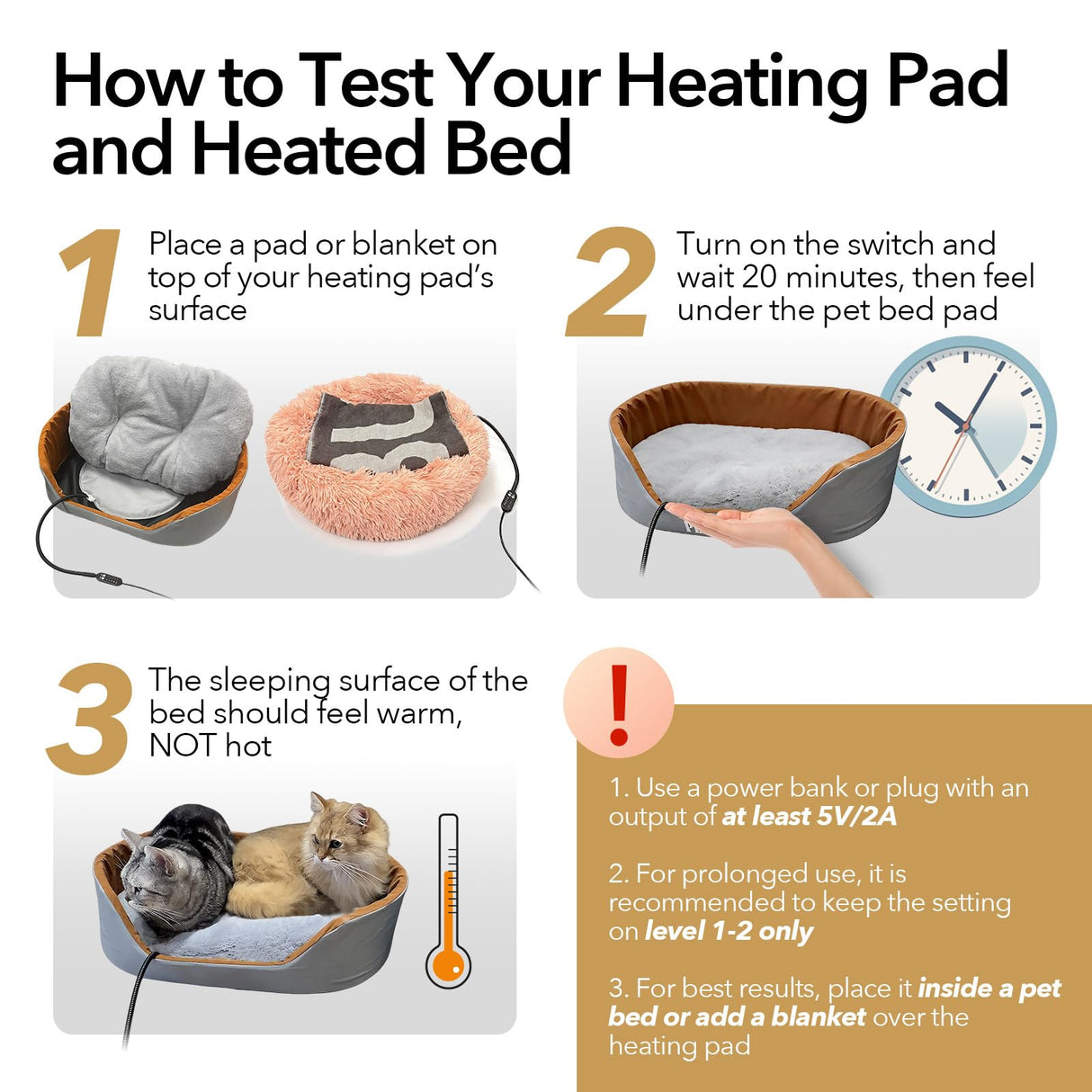 GooCare USB Pet Heating Pad – Turns Any Pet Bed Heated (Use Inside Bed), 5V/2A Required, 5-Temp & Timer, 140°F Auto Shut-Off, Waterproof Warmer for Cats/Dogs, Power Bank/Wall/Car Powered (12"x16")