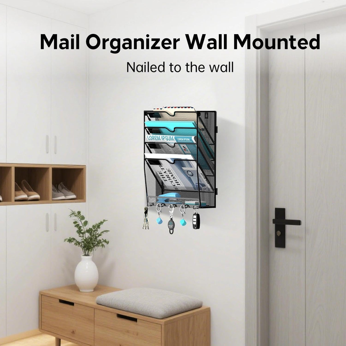 JMHUD 5 Tier Wall File Organizer - Hanging File Organizer with 5 Hooks, Mail Holder Wall Mounted for Papers, Folders, Magazines, Bills, Office&School Organization, Black