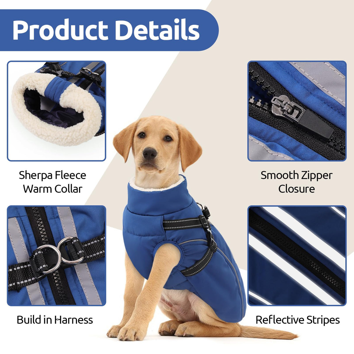 Dog Winter Coat with Harness Built in Warm Puffer Dog Jackets for Small Medium Large Dogs Windproof Waterproof Outfit with Plush Lining and Reflective Stripes (Blue, L)