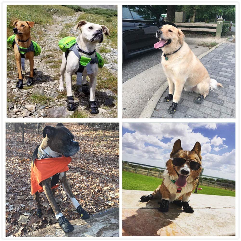 PK.ZTopia Waterproof Dog Boots, Dog Outdoor Shoes for Medium to Large Dogs with Two Reflective Fastening Straps and Rugged Anti-Slip Sole (2.95" x 2.52",Black 4PCS).