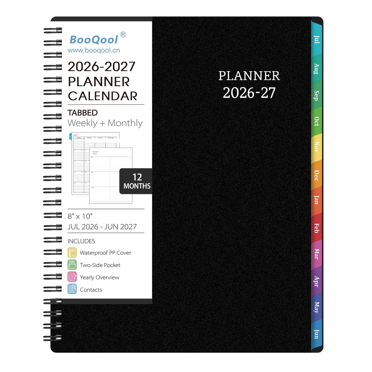 BooQool Planner 2026-2027 for Office, School, Home - Spiral Bound Academic Monthly Weekly Calendar July 2026 - June 2027 Organizer with To Do List, Tabs & PP Cover 8" x 10"