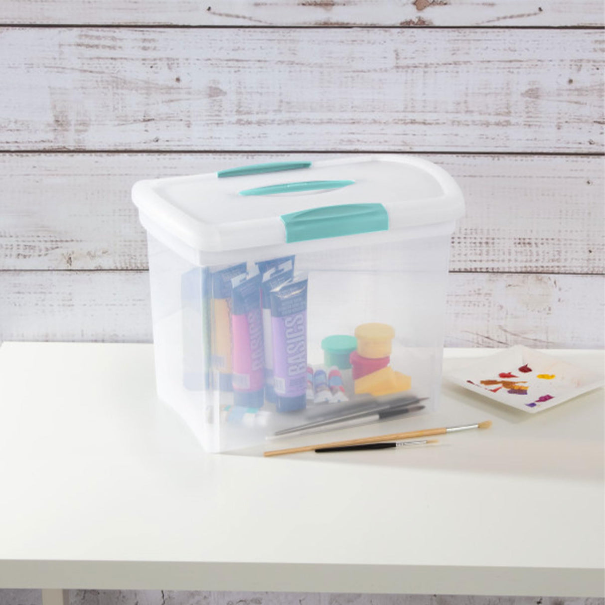 Sterilite Large Nesting ShowOffs, Stackable Small Storage Bin with Latching Lid and Handle, Plastic Container to Organize Office Files, Clear, 6-Pack