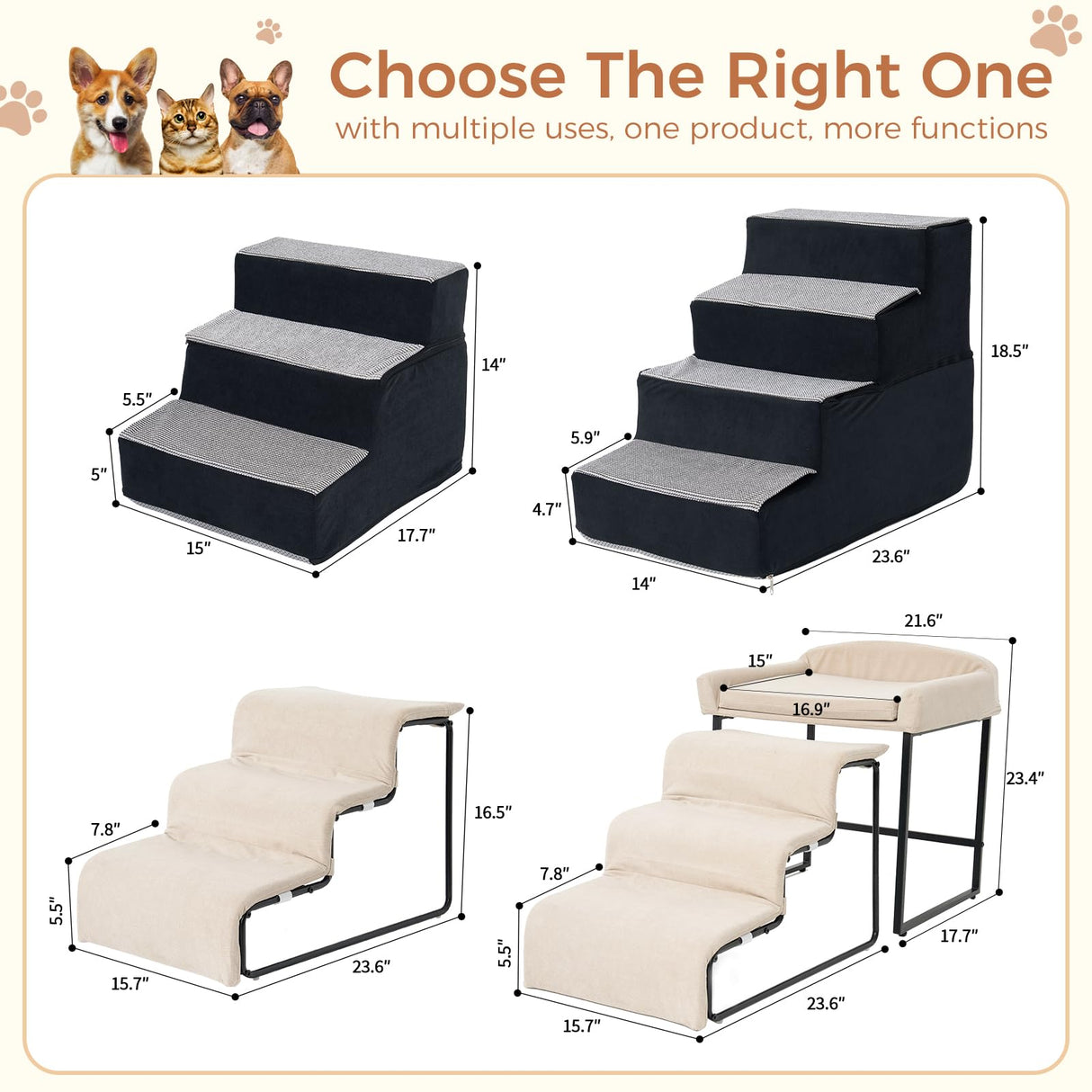 VERASCOT Dog Stairs for Small Dogs and Cats 18.5" H 4-Step Dog Steps for High Bed Couch and Sofa High-Density Foam Pet Stairs with Supporting Board Pet Steps with Non-Slip Bottom Washable Cover