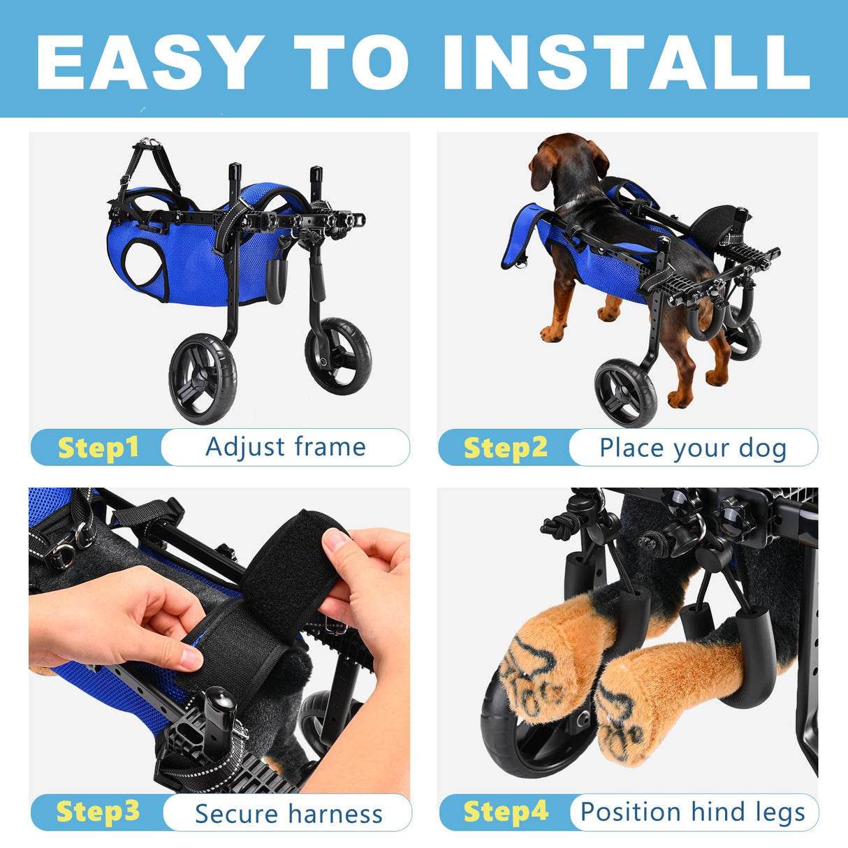 Dog Wheelchair for Back Legs – Adjustable Height/Length/Width, Sturdy Wheelchair with All-Terrain Shock-Absorbing Wheels, Mobility Support for Injured or Disabled Small & Medium Dogs & Cats, Blue (M)