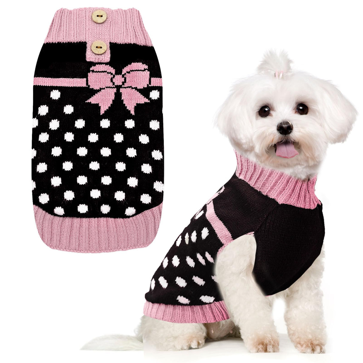 PETCARE Cute Dot Dog Sweater for Small Medium Dogs Girl with Purple Bowtie Knitted Warm Fall Winter Puppy Clothes Cat Sweaters for Cats Only Dachshund Chihuahua Yorkie Dog Outfits Vest Jumper
