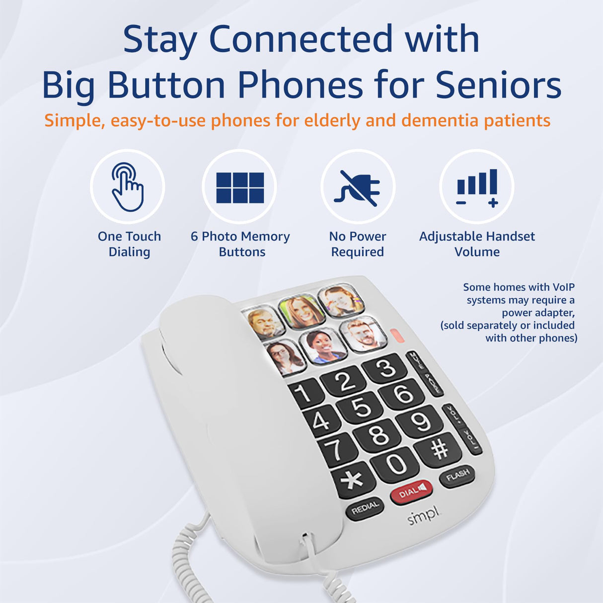 SMPL Big Button Phone for Seniors, Simple Corded Landline Home Telephone for Elderly, Handicap, Alzheimer’s, Dementia, Hearing & Vision Impaired 56010