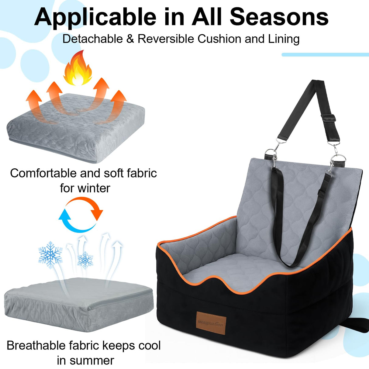 wagnation Dog Car Seat for Small/Medium Dogs Under 35lbs, Pet Booster Seat with 4In Memory Foam Cushion, Fully Detachable and Washable, Travel Dog Carseat with Storage Pocket and Safety Belt