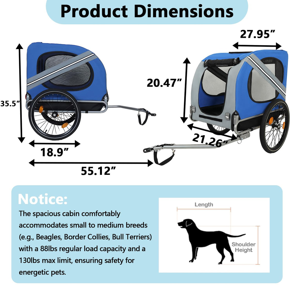 Large Dog Trailer for Bike, Folding Bike Trailer for Dogs with 18.9" Wheels, 120LB Capacity All-Terrain Pet Carrier, Universal Bicycle Coupler (Blue+Grey)