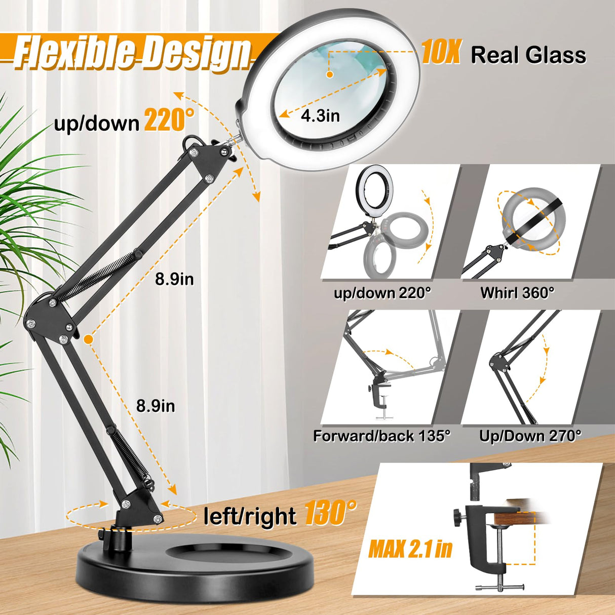 IVMAIE 10X Magnifying Glass with Light and Stand, 2-in-1 Lighted Magnifier with Clamp, 5 Color Modes Stepless Dimmable LED Desk Lamp Hands Free for Painting Craft Jewelry Sewing Hobby Model Close Work