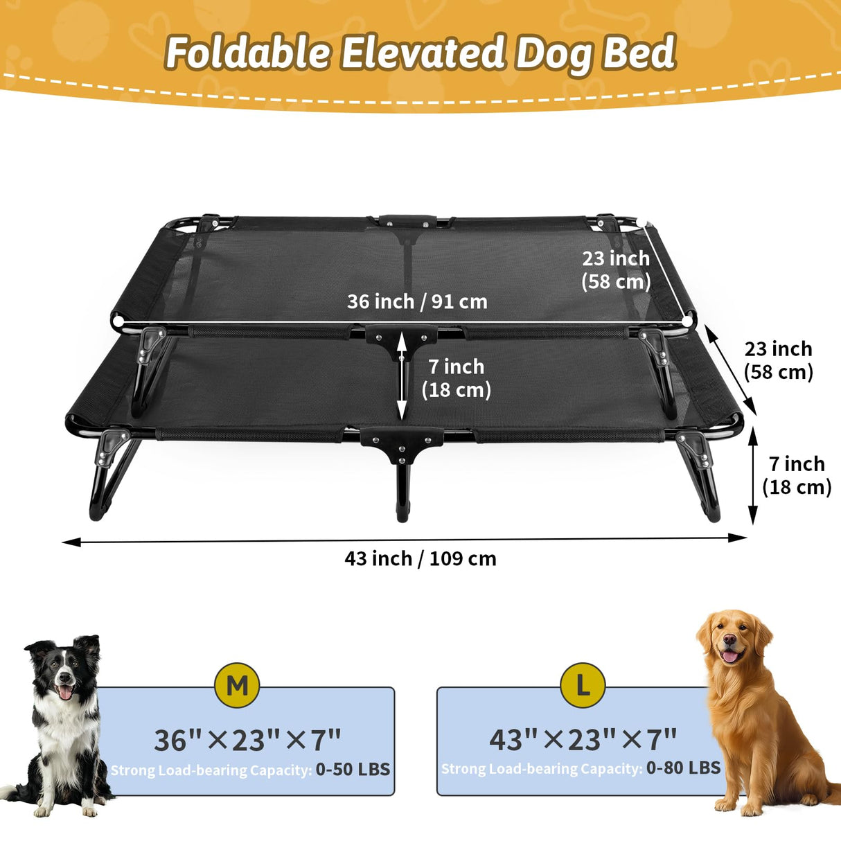 Loebelle Foldable Elevated Dog Cot, No Assembly Need, Waterproof Folding Raised Dog Bed, Outdoor Dogs Cot Cooling Pet Hammock Bed with Breathable Mesh for Small Medium Size Dogs, Chew-Proof, Black