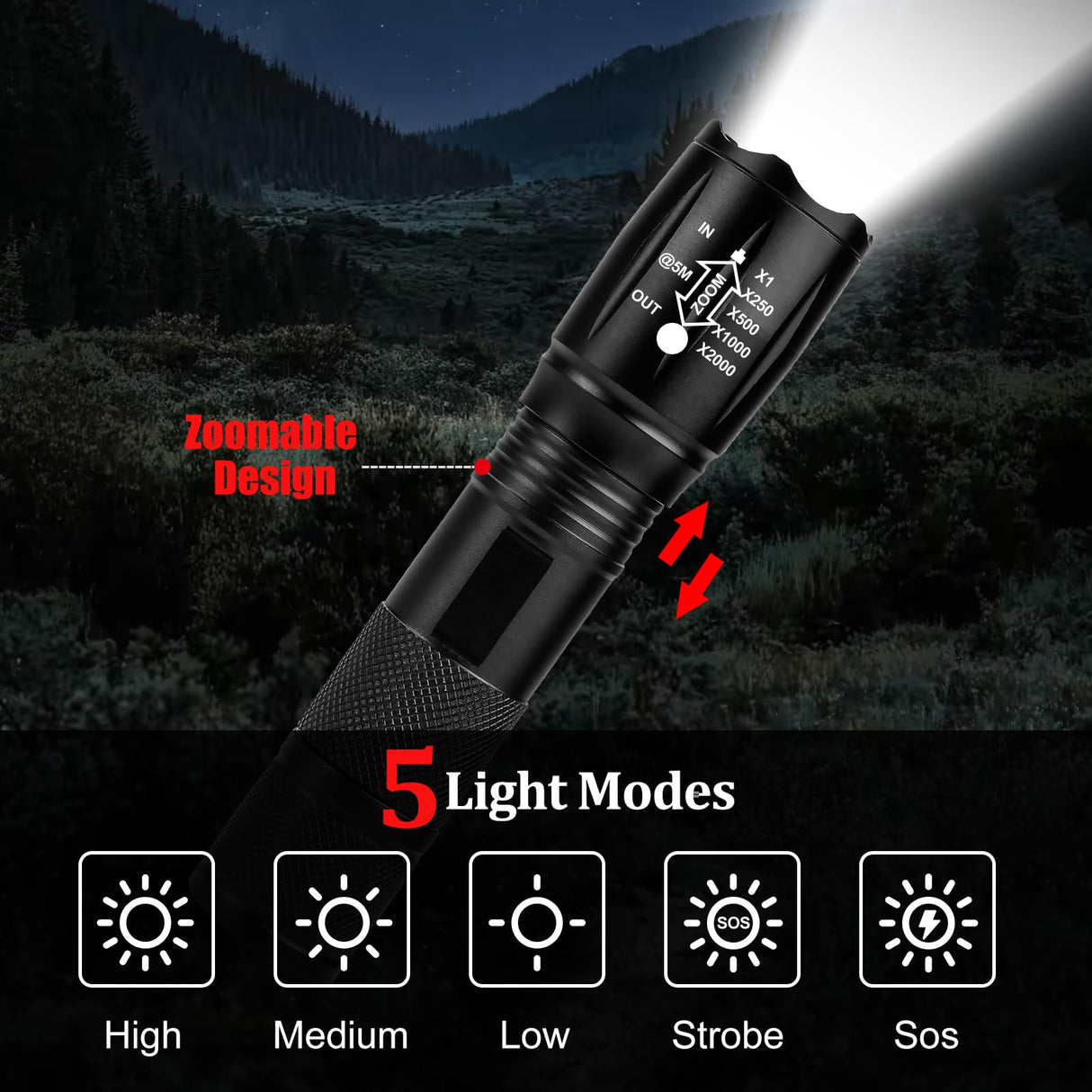Zoomable LED Flashlights with 5 Modes 2Pack Christmas Stocking Stuffers Birthday Gifts for Men Him Dad Included Batteries Bright Tactical Torch High Lumens Outdoor Fishing Hiking Camping Essentials
