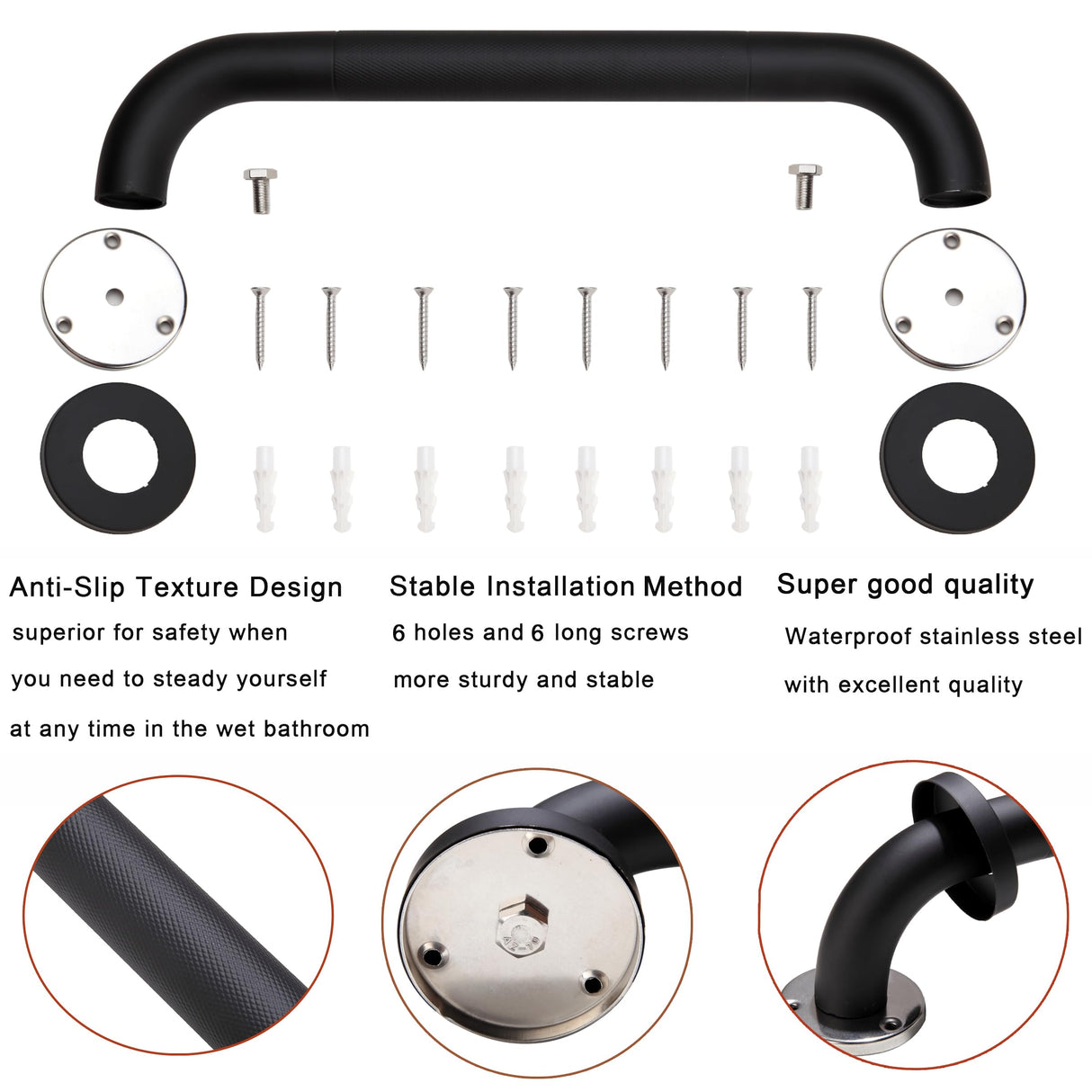 Rackickyer Shower Grab Bar, 2 Pack 24 Inch Black Bathroom Grab Bar, 1.25" Diameter 304 Stainless Steel Anti-Slip Grab Bars for Bathtubs and Showers, Handicap Shower Grab Bar for Seniors Elderly