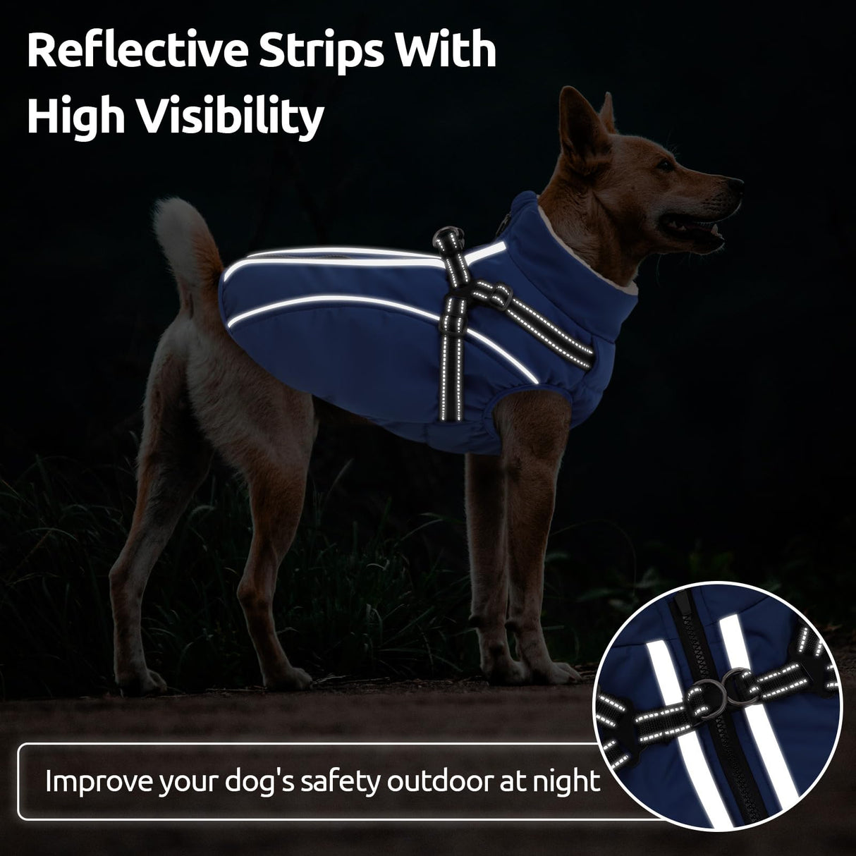 Dog Winter Coat with Harness Built in Warm Puffer Dog Jackets for Small Medium Large Dogs Windproof Waterproof Outfit with Plush Lining and Reflective Stripes (Blue, L)