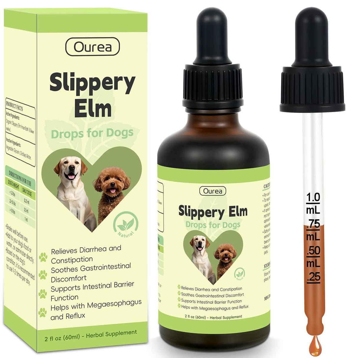 Slippery Elm for Dogs, Organic Herbal Digestive Support Drops for Dog Diarrhea Constipation Sensitive Stomach Acid Reflux, Promotes Healthy Digestion Bowel Function, Liquid Formula for All Breeds