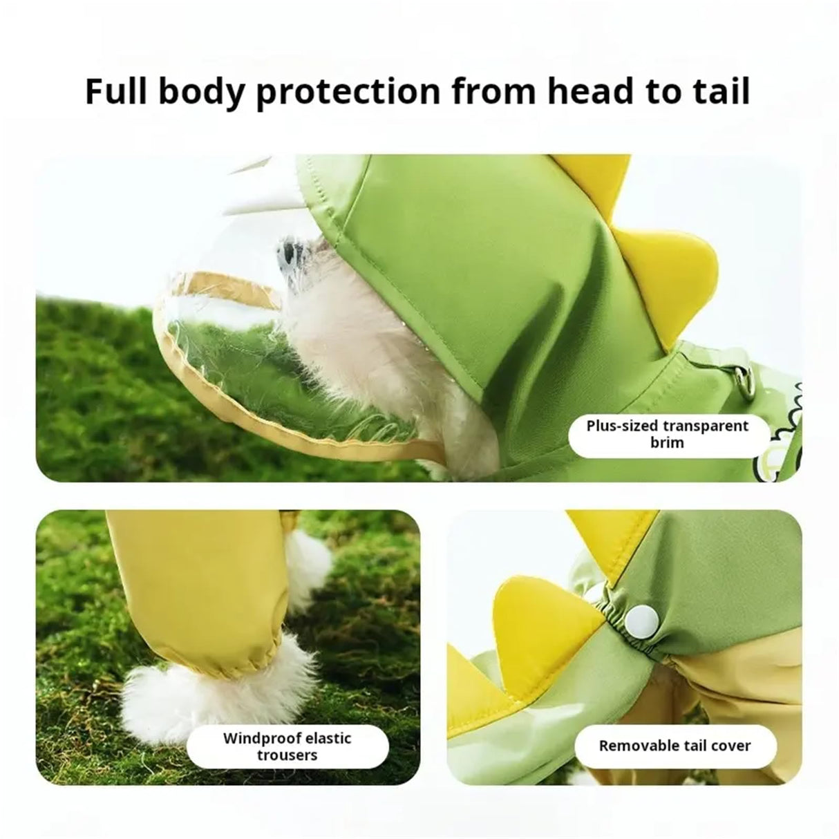 Waterproof Dog Raincoat, Dinosaur Design, Full Body Protection with Elastic Trousers, for Small Dogs (Green, Medium)