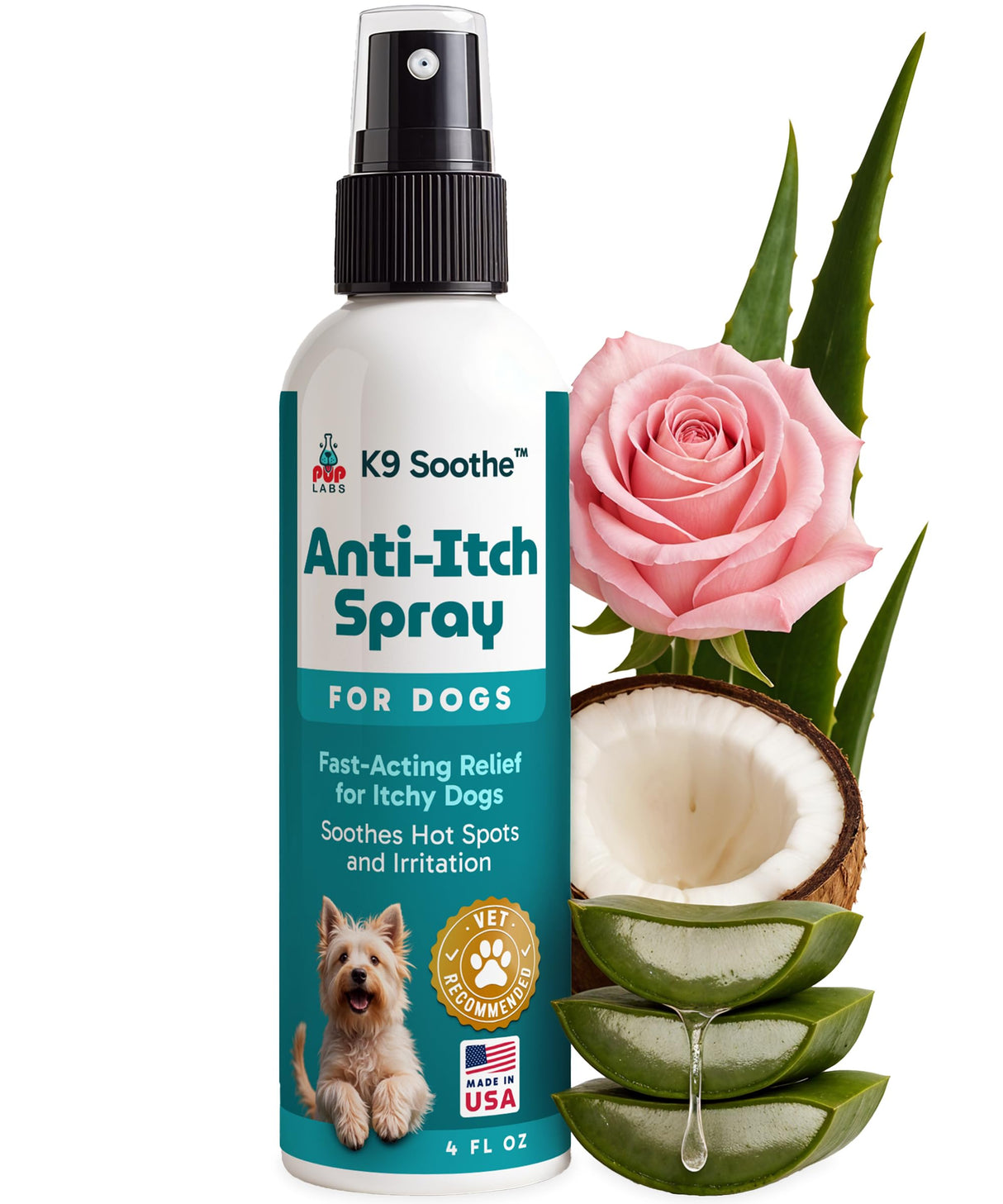 Pup Labs K9 Soothe Anti Itch Spray for Dogs with Aloe, Rose, & Coconut, Natural Hot Spot Treatment for Dogs That Soothes Irritation, Pet Skin Treatment Spray, 4 FL OZ