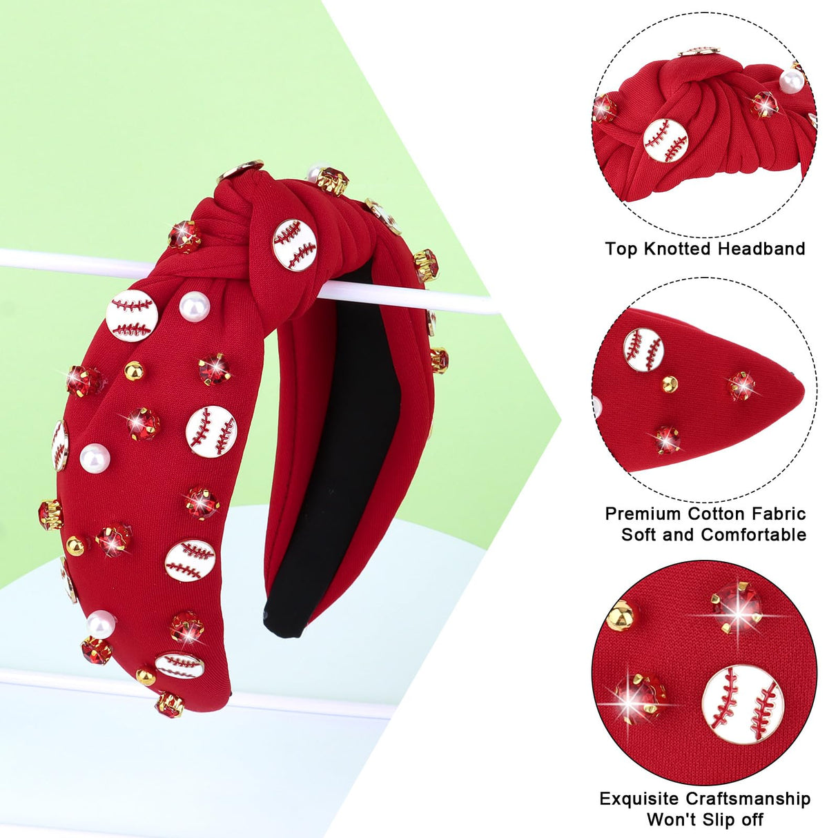 YARIEW Baseball Top Knot Headband for Women & Girls - Wide Knotted Jeweled Accessory for Game Day, Sports Fan, Mom, Halloween & Christmas Gifts (Red)