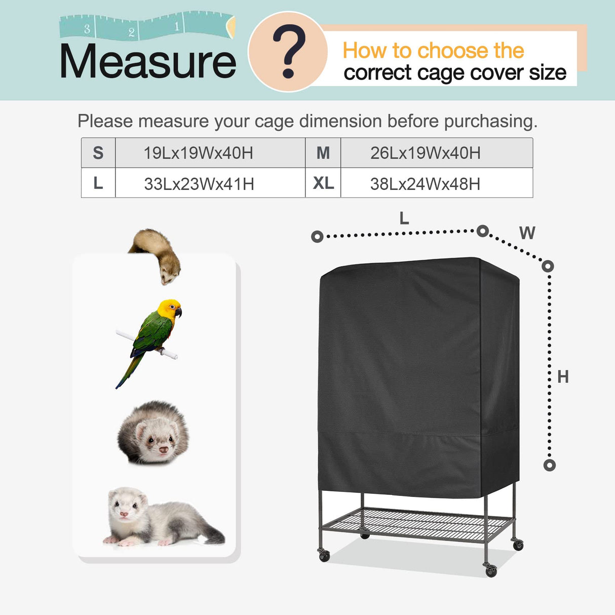 Explore Land Bird Universal Pet Cage Cover Good Night for Cats, Mink, Totoro, Parakeet, Parrot and Small Animals (Black, L)
