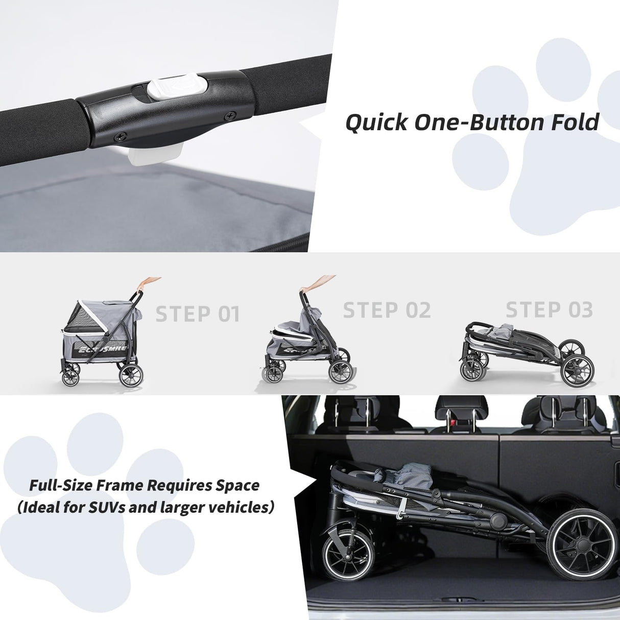 EchoSmile Dog Stroller for Large Dogs, 135lbs Weight Extra Large Pet Stroller, 4 Wheels Cats & Dogs Carrier with Brakes, Breathable Mesh Windows & Pocket, Gray
