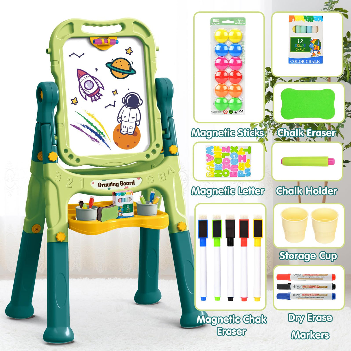 Amagoing Easel for Kids, Adjustable Standing Art Easel for Toddler, Double Magnetic Drawing Board with Painting Accessories, Birthday Christmas Gift for Little Boys and Girls, Middle Size (Green)