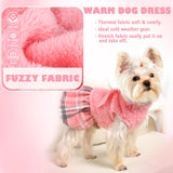 Yikeyo Fuzzy Dog Plaid Sweater Dress, Fall Winter Warm Female Dog Clothes for Small Dogs Girl, Pet Outfit, Cat Apparel (Small, Pink)