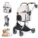 Beberoad Pets T3 Pro 3-in-1 Pet Stroller for Small Dogs & Cats – Foldable, Lightweight with Detachable Carrier, 180° Canopy & Cup Holder (Beige)