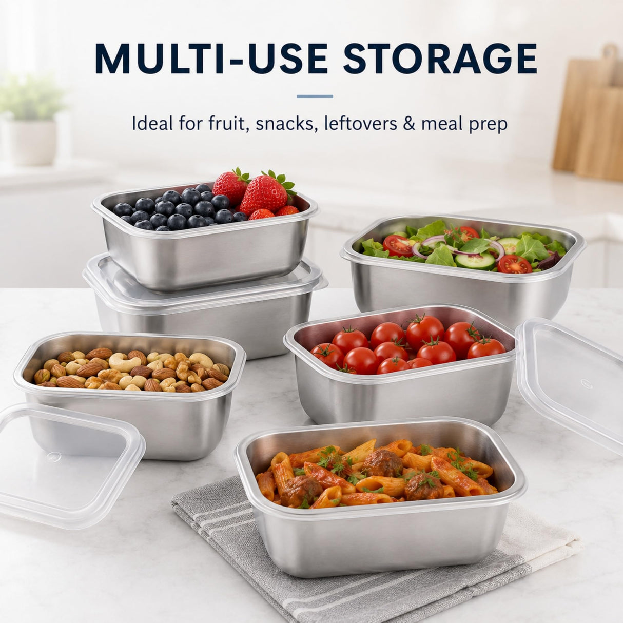 5 PCS Stainless Steel Storage Container Sets - Clear Lids, Stackable Food Storage | Kitchen Containers, Fruit & Snack Organization (Multi-Use)