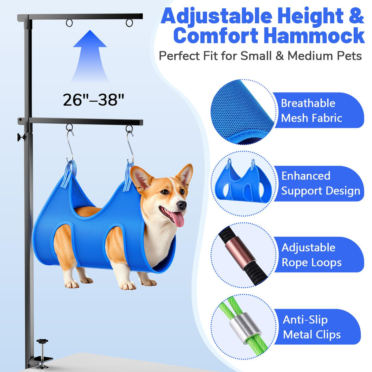 AUORC Dog Grooming Arm with Hammock, Adjustable 26"-38" Foldable Grooming Table Arm with Clamp & 2 No-Sit Holders, Heavy Duty for Small & Medium Dogs, Includes Nail Clippers (Table Not Included)