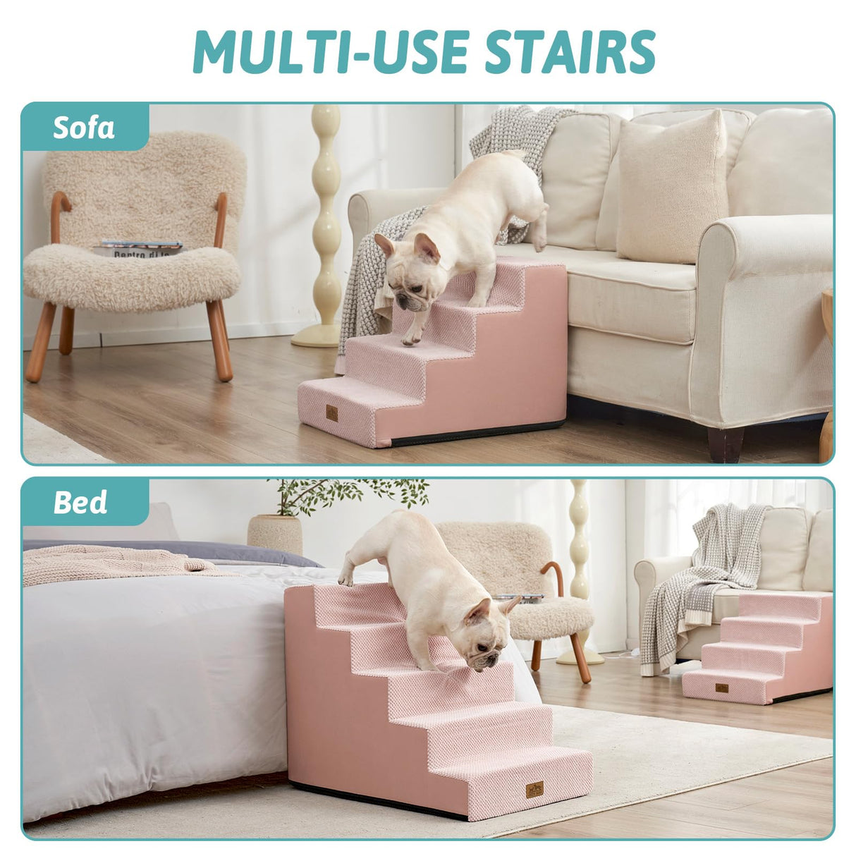 COZY KISS Dog Stairs for Small Dogs, 17.7" Extra Wide Right-Angle Pet Stairs for Couch and Beds, Anti-Slip Dog Steps for Old Cats and Lowrider, 17.7x23.6x17.7 inch, Pink