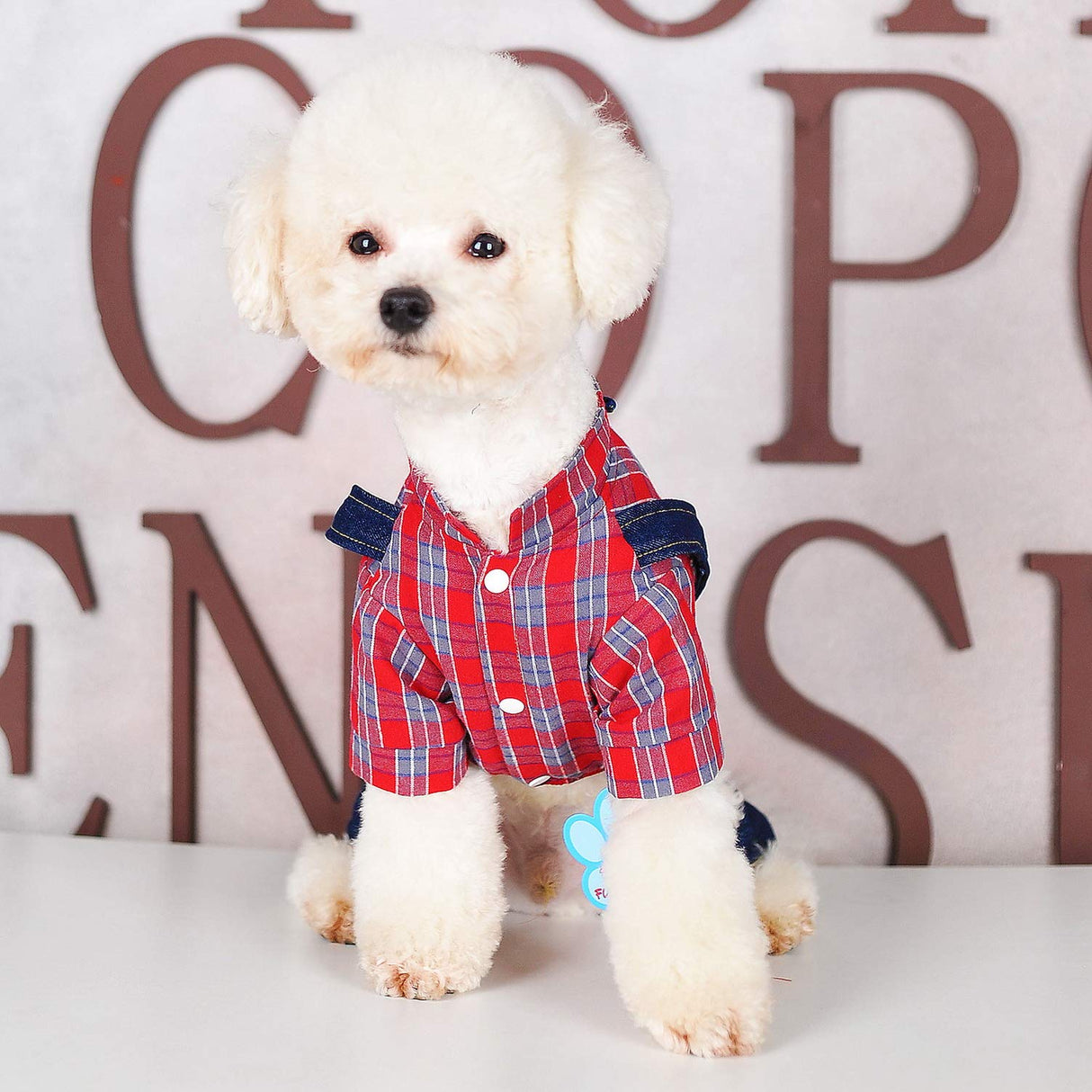 SMALLLEE_LUCKY_STORE Pet Clothes Costume Puppy Denim Overalls for Small Medium Dogs Cats Boys Bowtie Plaid Shirt Jeans Pants Outfits Chihuahua One Piece Jumpsuit,Red S