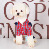 SMALLLEE_LUCKY_STORE Pet Clothes Costume Puppy Denim Overalls for Small Medium Dogs Cats Boys Bowtie Plaid Shirt Jeans Pants Outfits Chihuahua One Piece Jumpsuit,Red S