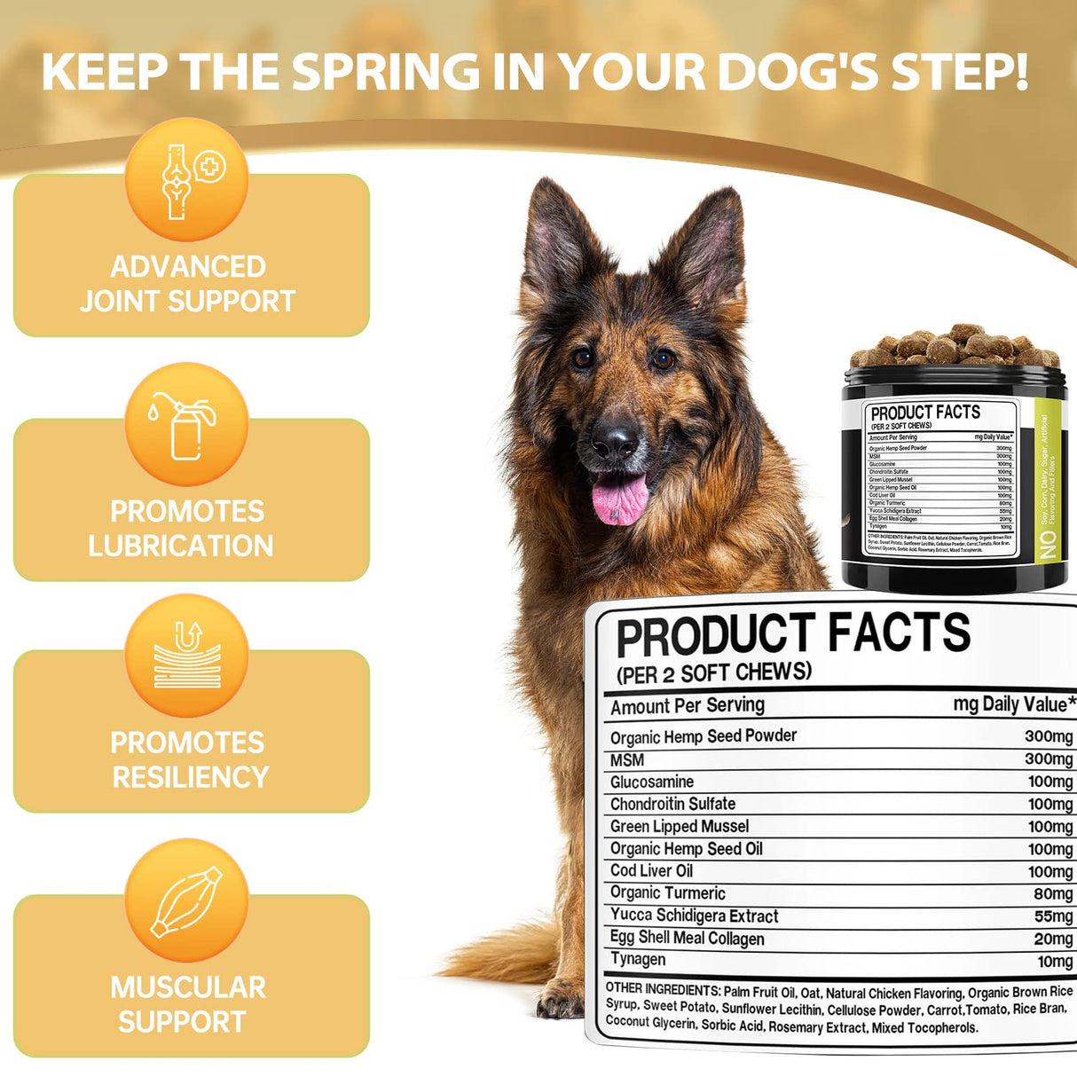 Hemp Hip and Joint Supplement for Dogs - Glucosamine for Dogs - Chondroitin, Hemp Oil, MSM & Turmeric - Support Joint Mobility, Joint Pain Relief, Hip Dysplasia, Arthritis Health Care - 120 Chews