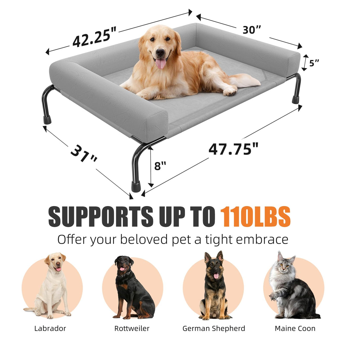 Simple Trending Elevated Dog Bed for Large Dogs, Cooling Raised Dog Cot with Bolsters, Breathable Pet Bed for Outdoor, 47.75" x 31", Grey
