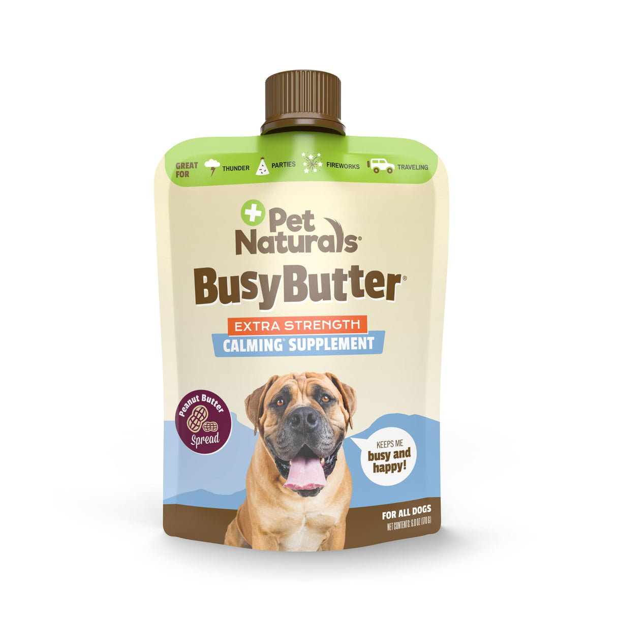 Pet Naturals BusyButter Extra Strength Calming Peanut Butter for Dogs - Great for Dog Toys, Lick Mats, Training, Calming Treats, Dog Anxiety Relief, Grooming, Treats and More - 1 6oz Pouch